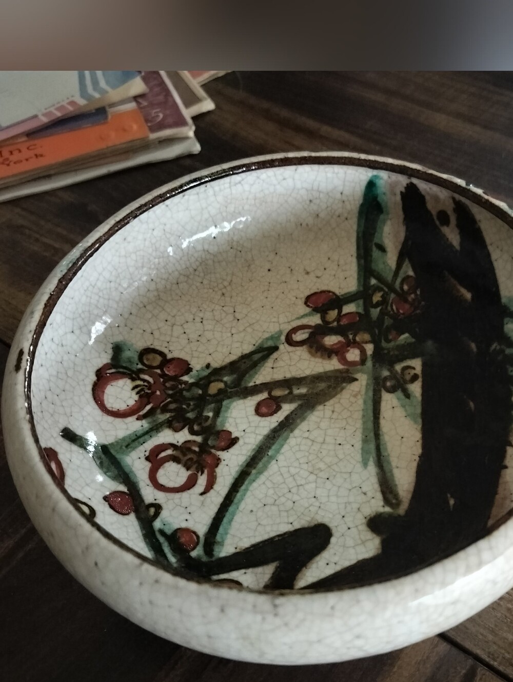 Hand-Painted Japanese Mingei Pottery Bowl Vintage Studio Ceramic Botanical Motif